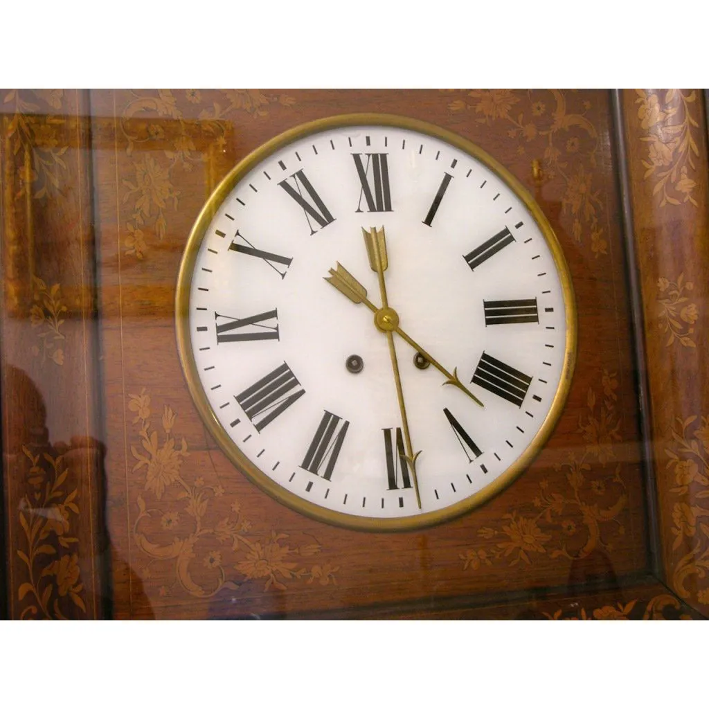 1830s Antique French Charles X Marquetry Inlaid Walnut Wall Clock