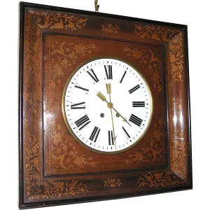 1830s Antique French Charles X Marquetry Inlaid Walnut Wall Clock 