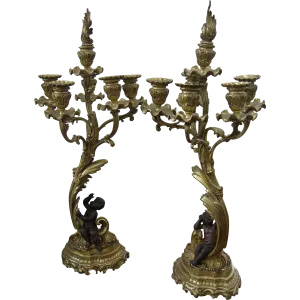 1870s Antique French Pair of Napoleon III Bronze and Ormolu Candelabra 
