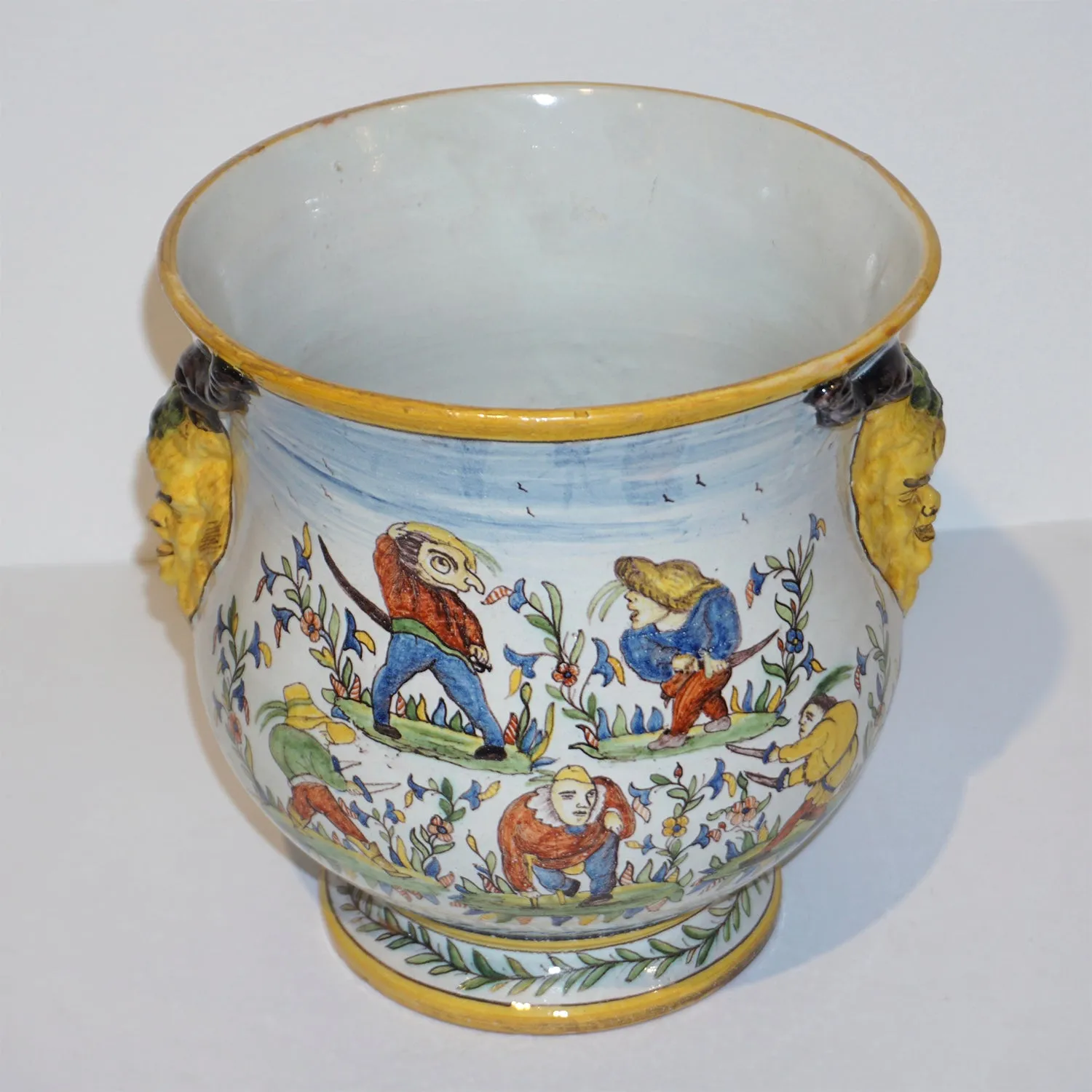 1870s French Pair of Yellow Blue Green Red White Majolica Jardinires / Vases