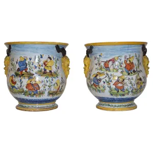 1870s French Pair of Yellow Blue Green Red White Majolica Jardinires / Vases 