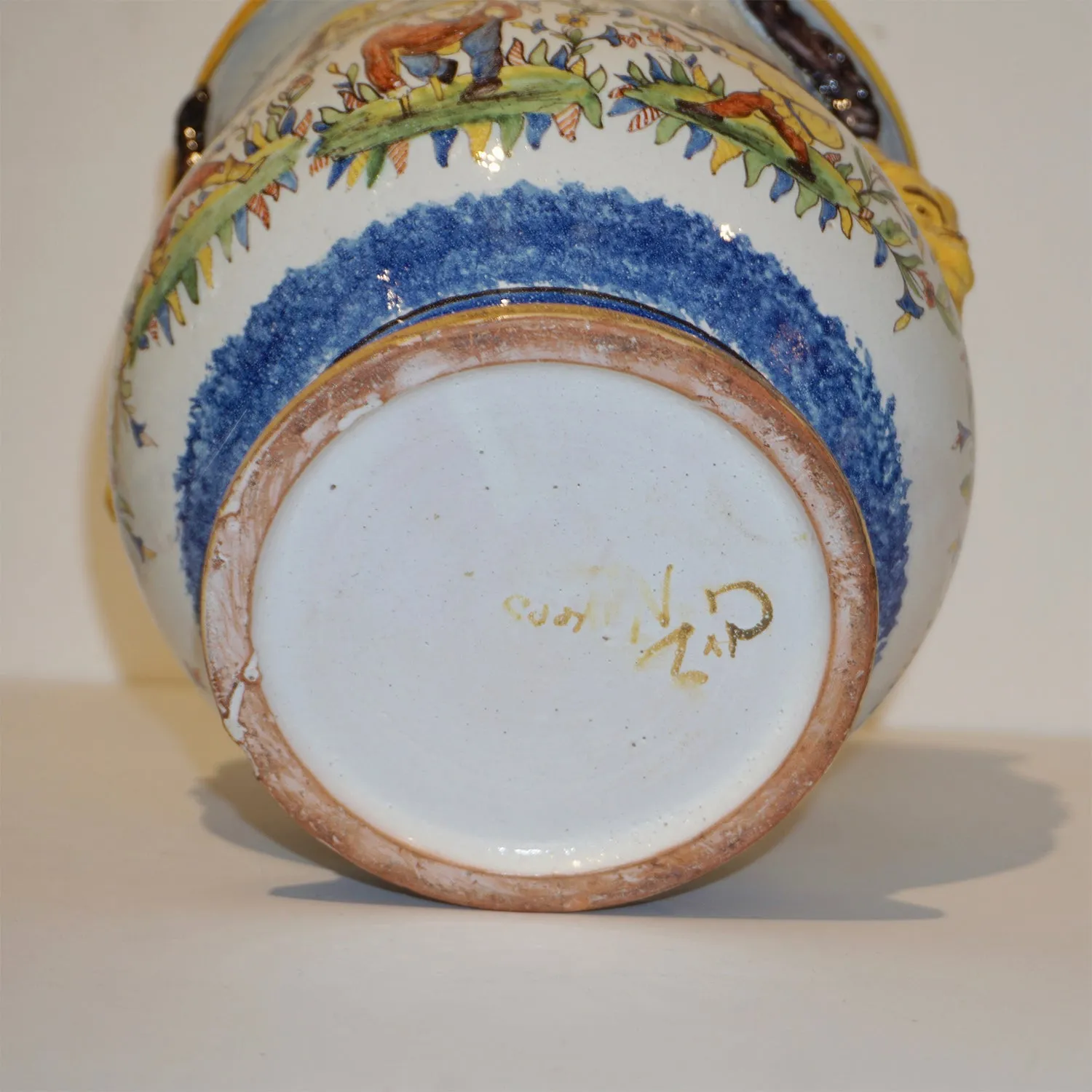 1870s French Pair of Yellow Blue Green Red White Majolica Jardinires / Vases