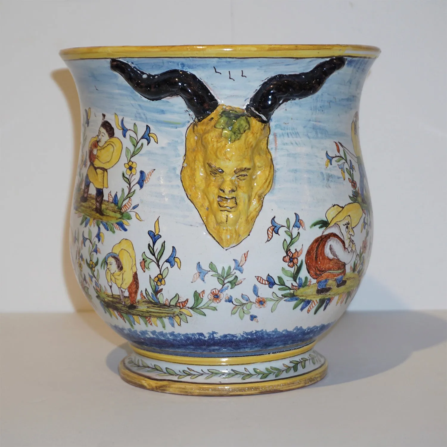 1870s French Pair of Yellow Blue Green Red White Majolica Jardinires / Vases