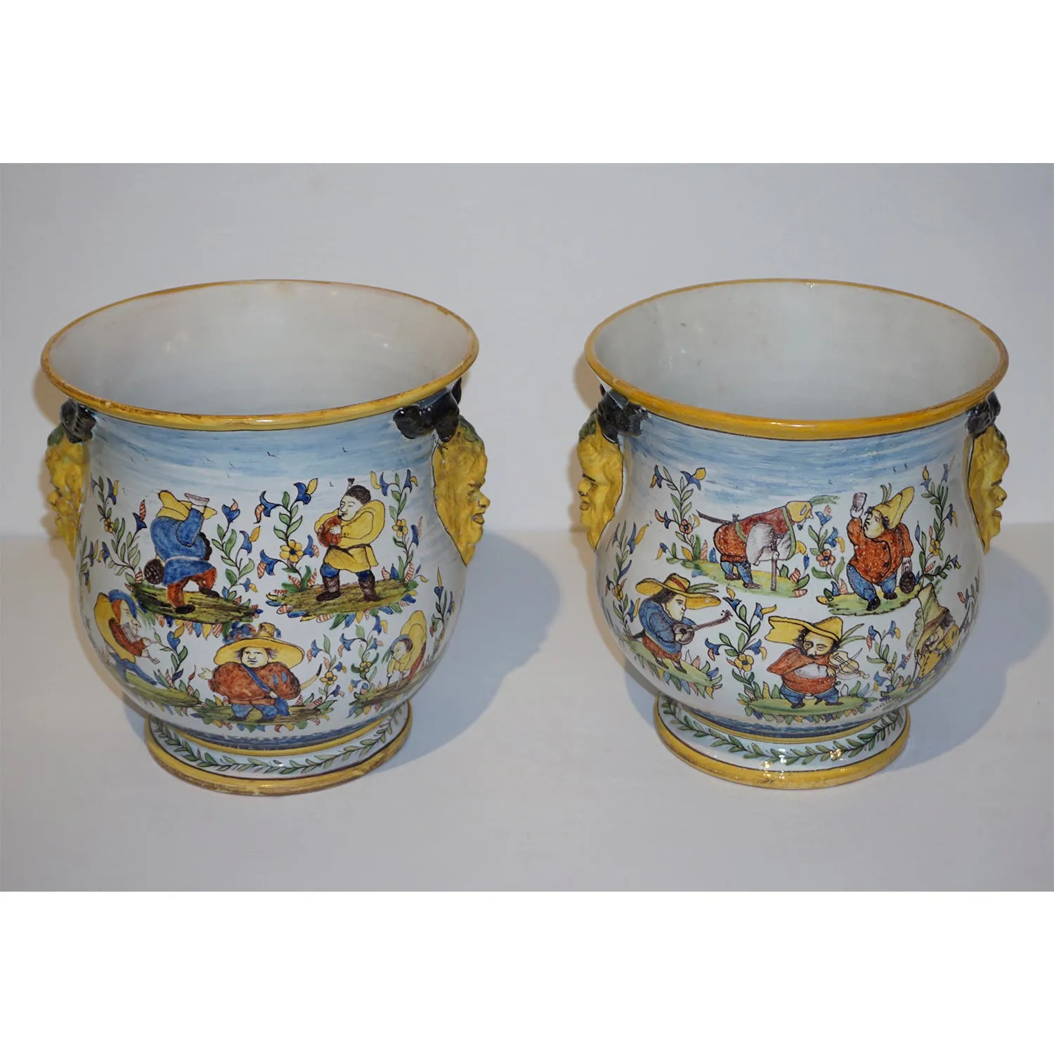 1870s French Pair of Yellow Blue Green Red White Majolica Jardinires / Vases
