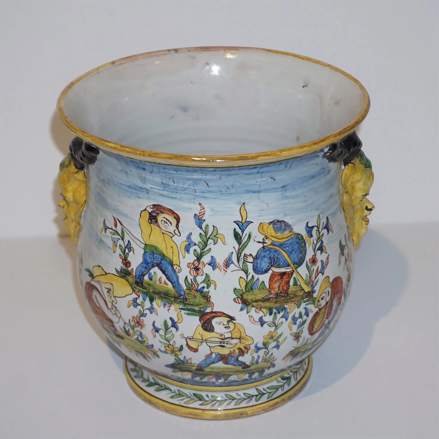 1870s French Pair of Yellow Blue Green Red White Majolica Jardinires / Vases