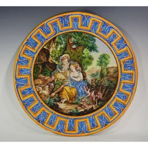 1870s French Rococo Revival Yellow Blue White Enamel Pottery Wall Art Plaque 