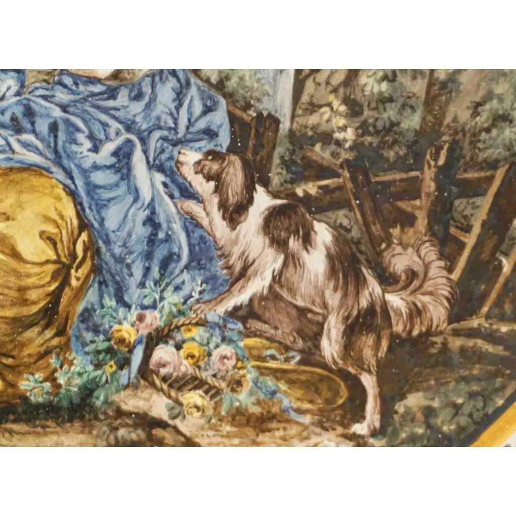 1870s French Rococo Revival Yellow Blue White Enamel Pottery Wall Art Plaque