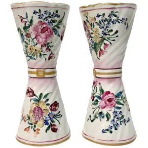 1870s St. Clement French Faience Majolica Pair of White Pink Flower Vases 