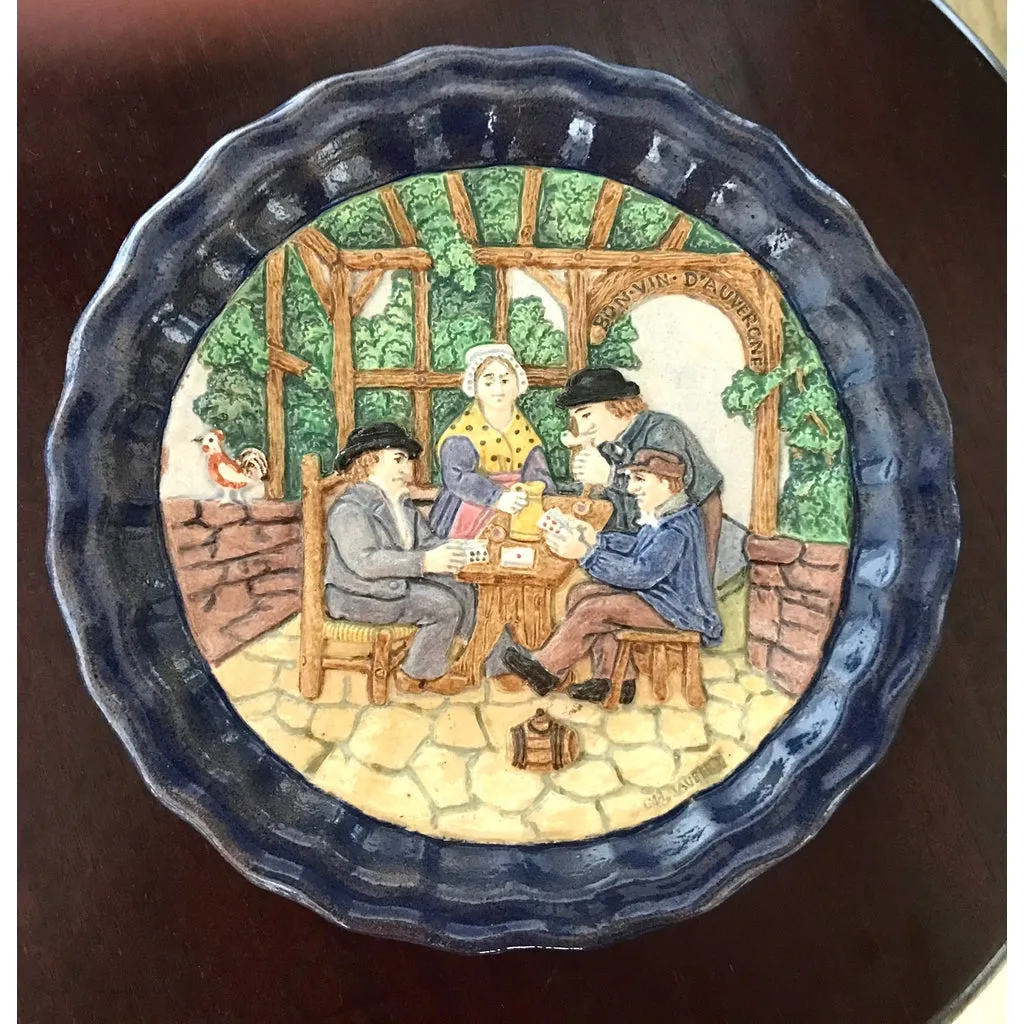 1880 French Country Pair of Navy Blue Edged Folk Art Majolica Decorative Plates