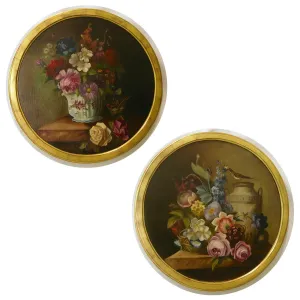 1880 French Provincial Pair of Round Still Life Oil Paintings in Gilt Frames 