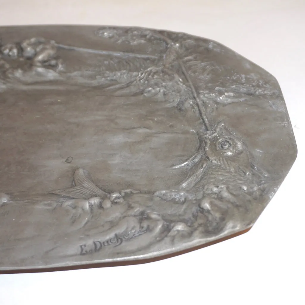 1900s French Art Nouveau Sculpted Pewter Dish with Fishing Putti in Relief