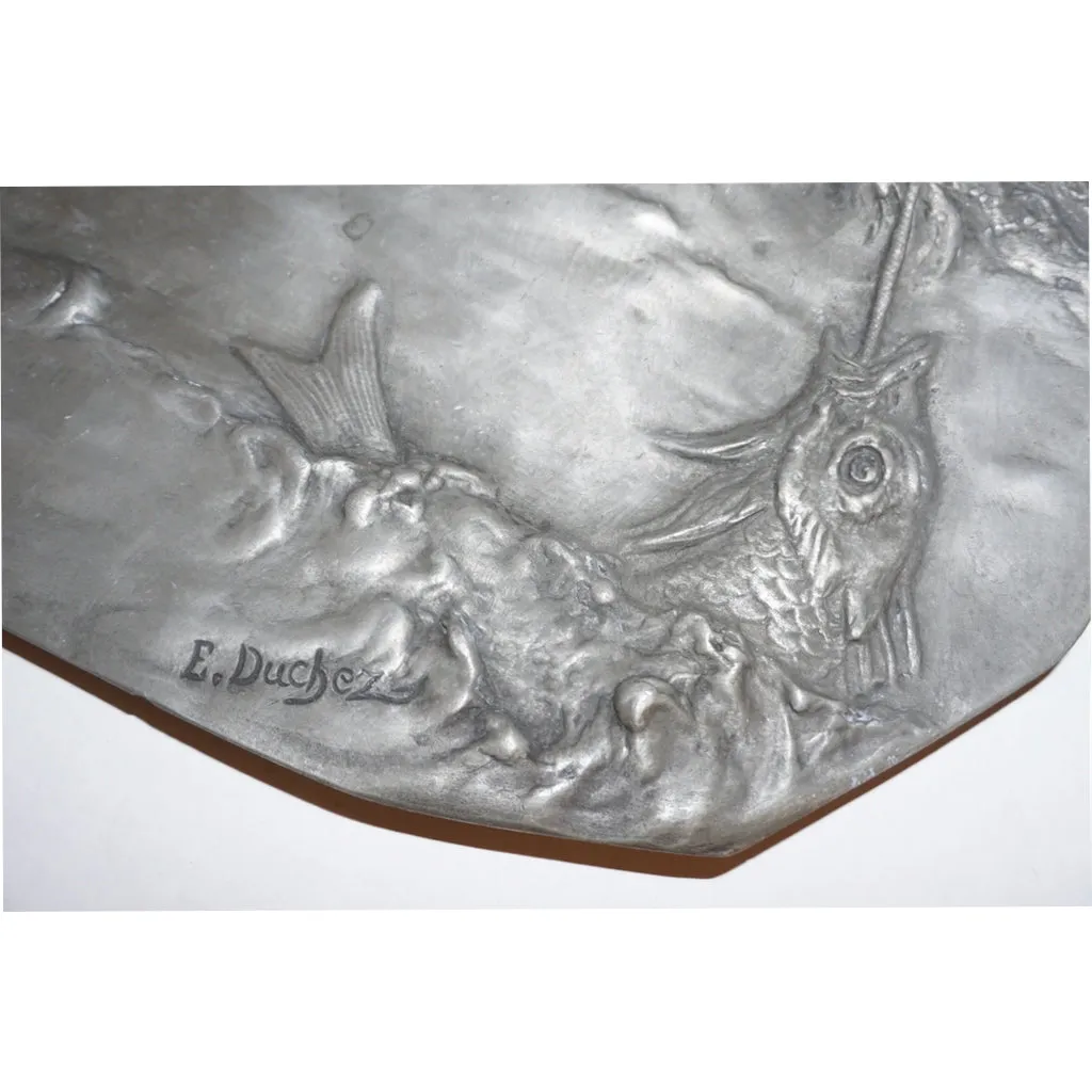 1900s French Art Nouveau Sculpted Pewter Dish with Fishing Putti in Relief