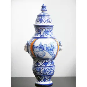 1920s Antique French Malicorne Faience blue white yellow centerpiece with cover 