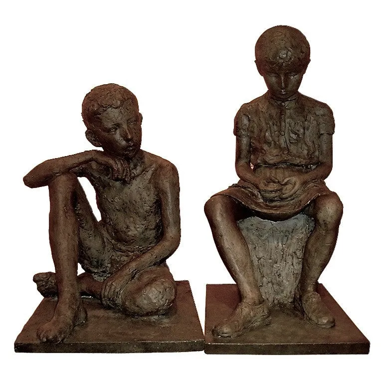 1930s Antique Lifesize Brother and Sister Sculptures in Bronze Finish 