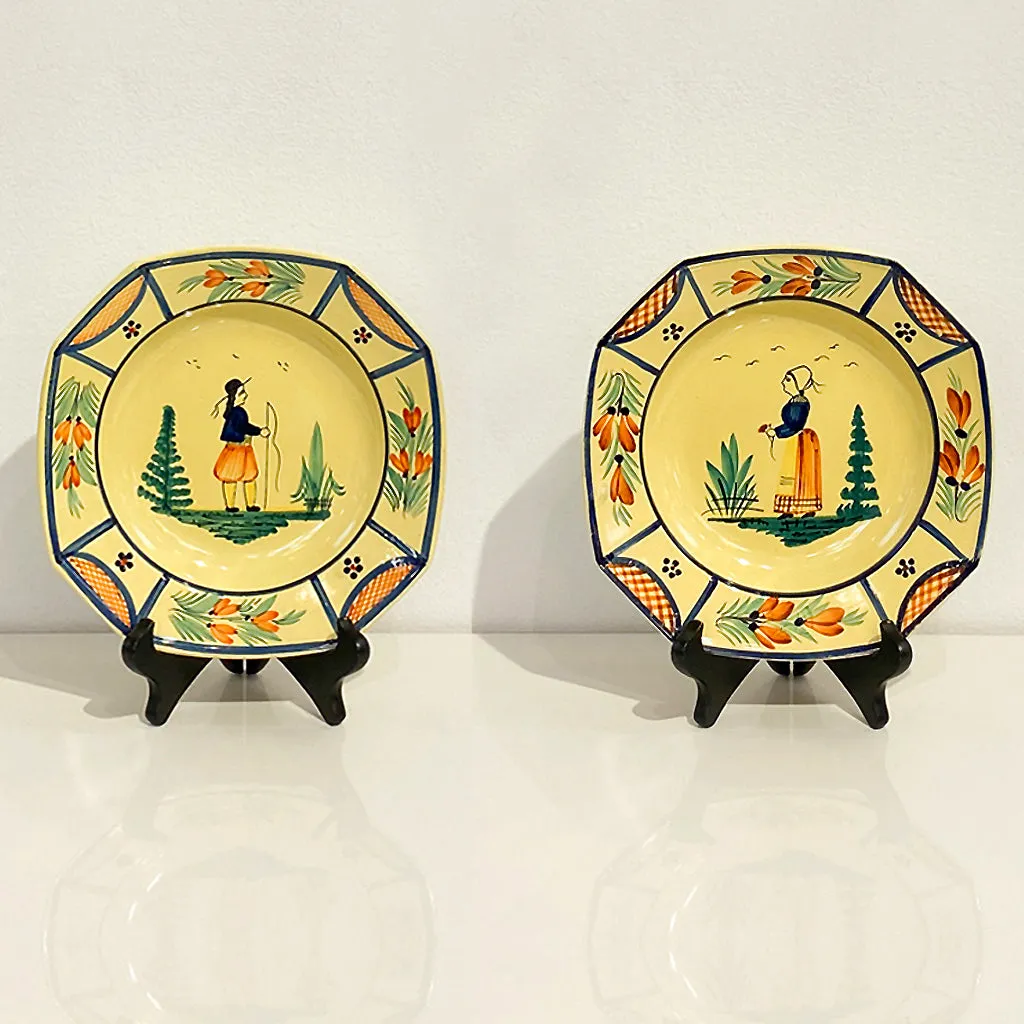 1930s French Henriot Quimper Faience Pair of Man Woman Octagonal Yellow Plates 