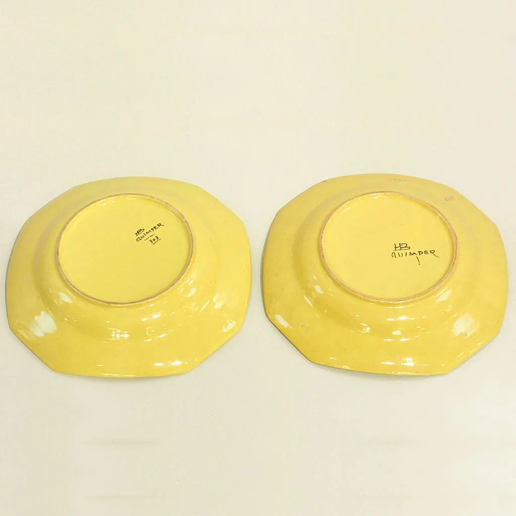 1930s French Henriot Quimper Faience Pair of Man Woman Octagonal Yellow Plates