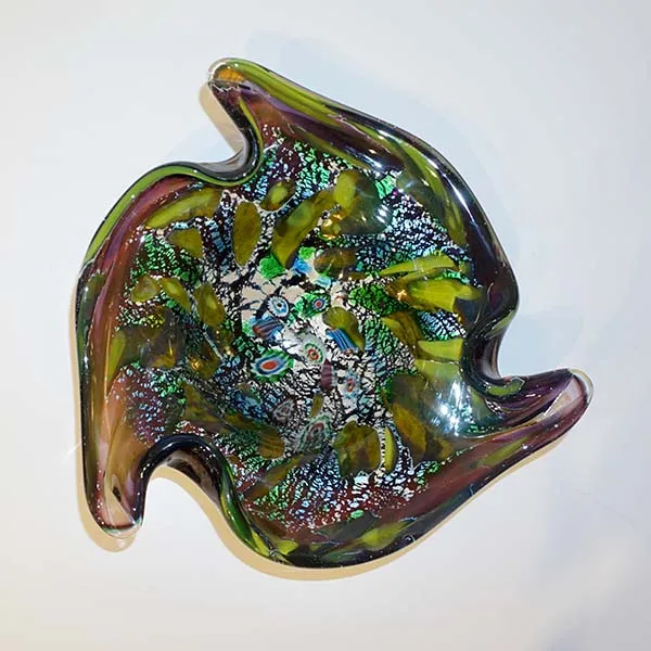 1950 Antique Italian Silver Leaf Purple Green Blue Murano Glass Catch-All/ Bowl