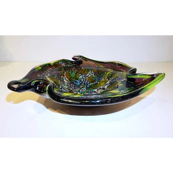 1950 Antique Italian Silver Leaf Purple Green Blue Murano Glass Catch-All/ Bowl