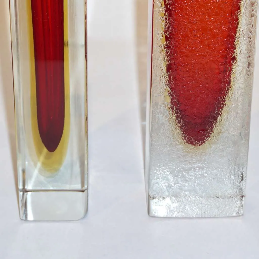 1950 Italian Pair of Organic Crystal, Yellow & Red Murano Art Glass Flower Vases