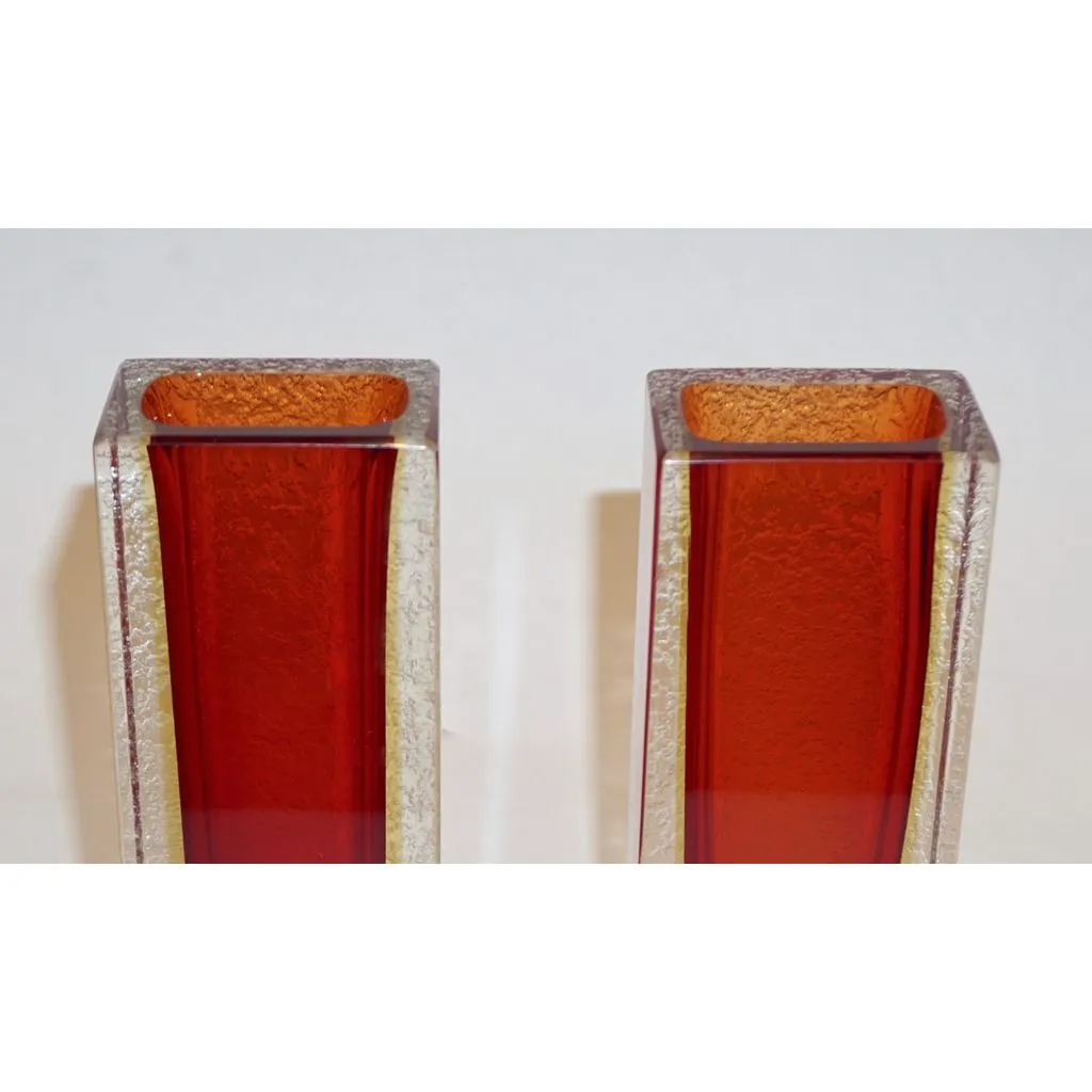 1950 Italian Pair of Organic Crystal, Yellow & Red Murano Art Glass Flower Vases