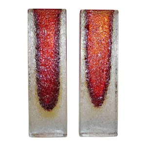1950 Italian Pair of Organic Crystal, Yellow & Red Murano Art Glass Flower Vases 