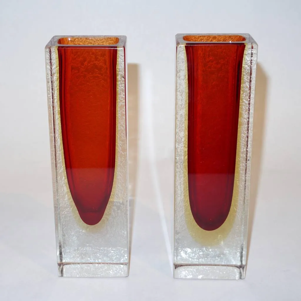 1950 Italian Pair of Organic Crystal, Yellow & Red Murano Art Glass Flower Vases