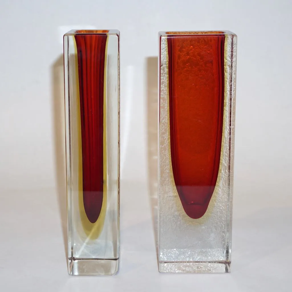 1950 Italian Pair of Organic Crystal, Yellow & Red Murano Art Glass Flower Vases