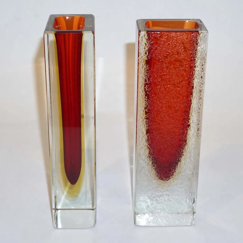 1950 Italian Pair of Organic Crystal, Yellow & Red Murano Art Glass Flower Vases