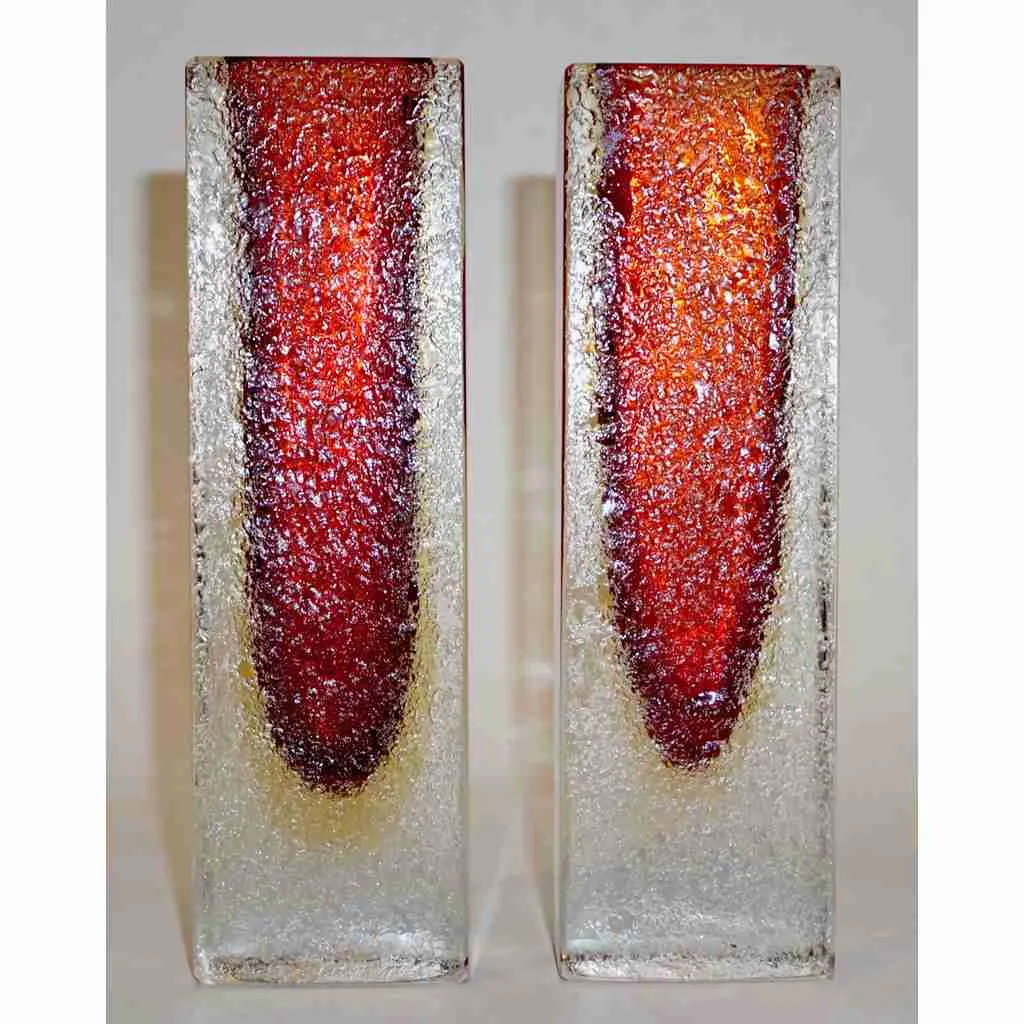 1950 Italian Pair of Organic Crystal, Yellow & Red Murano Art Glass Flower Vases