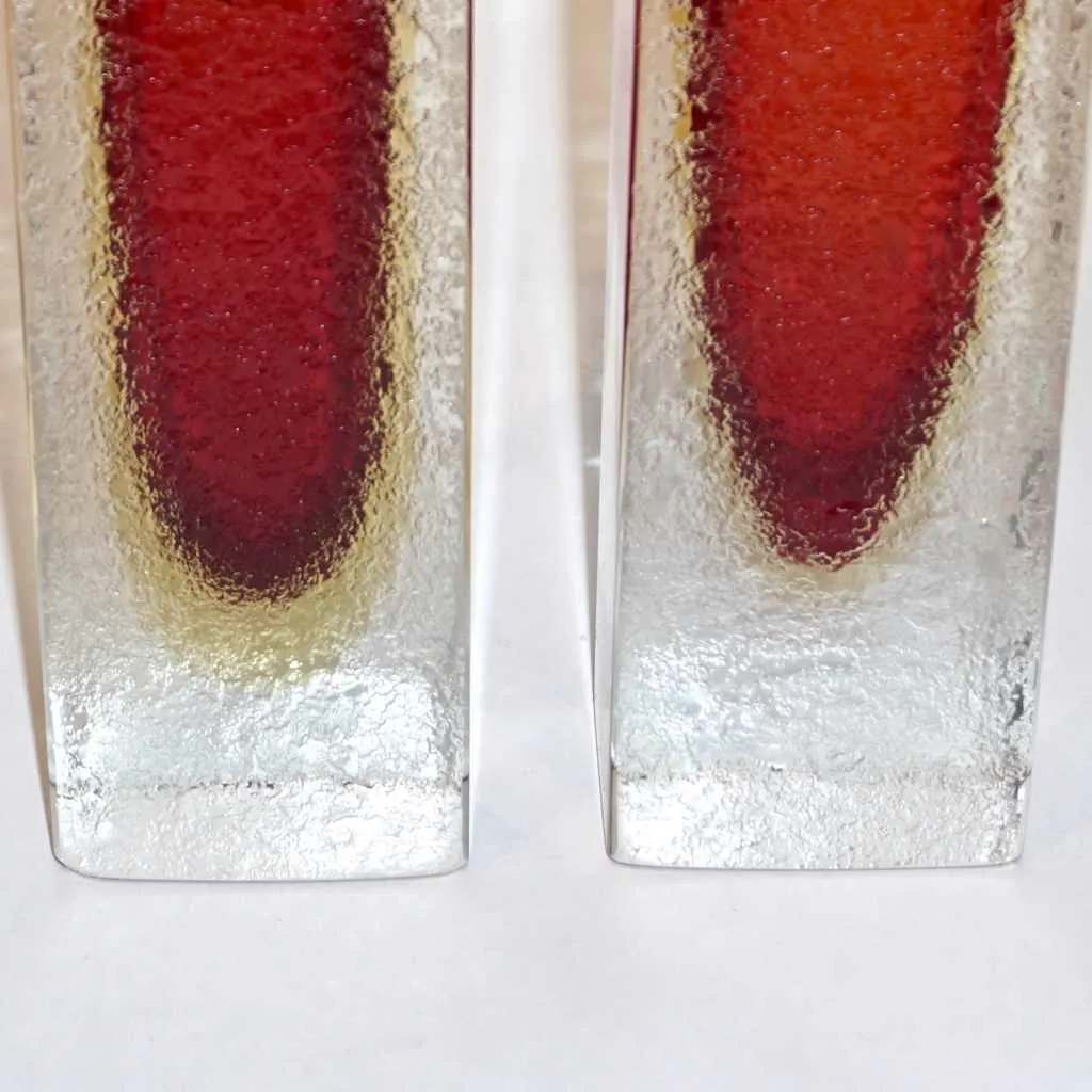 1950 Italian Pair of Organic Crystal, Yellow & Red Murano Art Glass Flower Vases