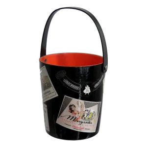 1950s German Black and Red Lacquered Barware Ice Bucket with Wine Labels Decor 