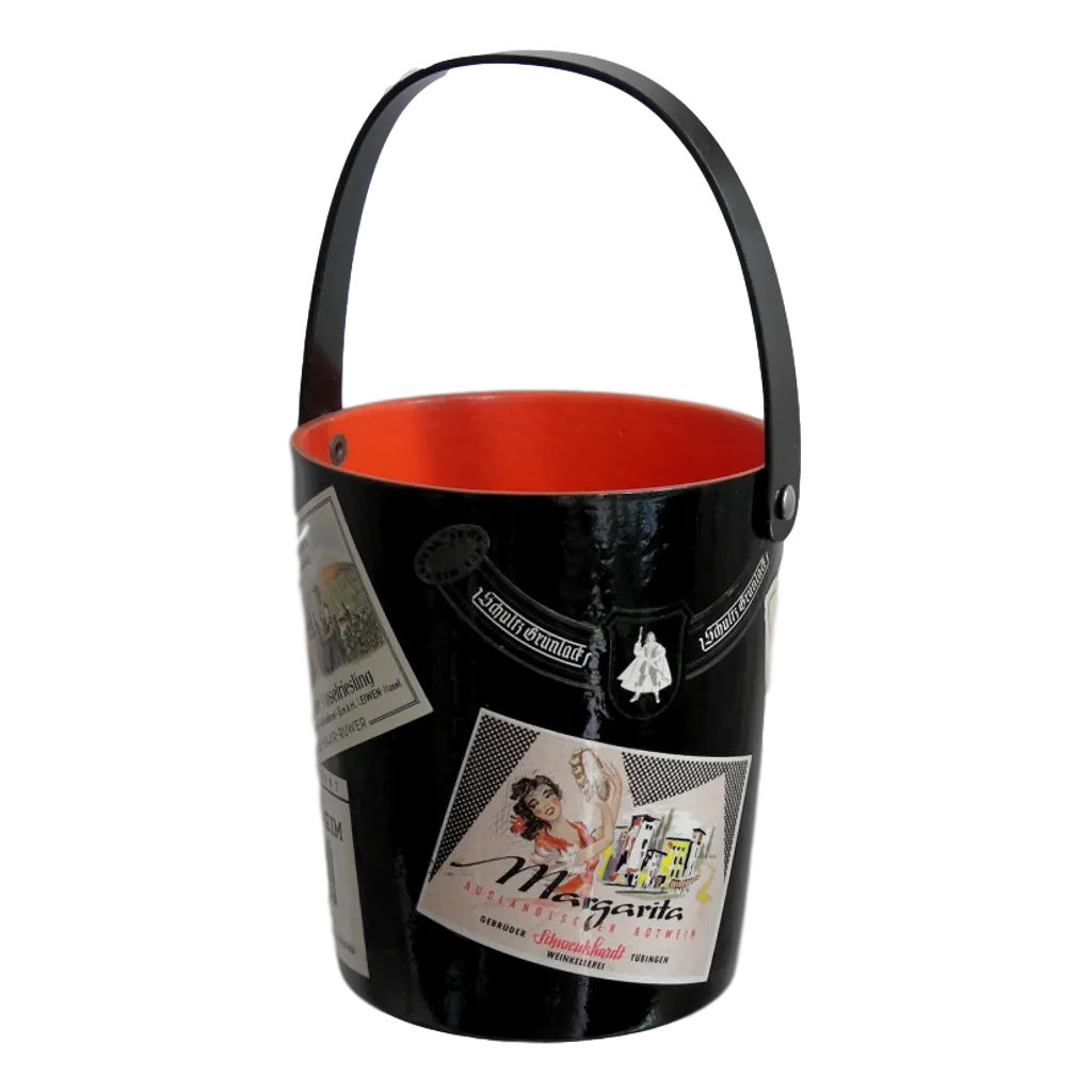 1950s German Black and Red Lacquered Barware Ice Bucket with Wine Labels Decor 