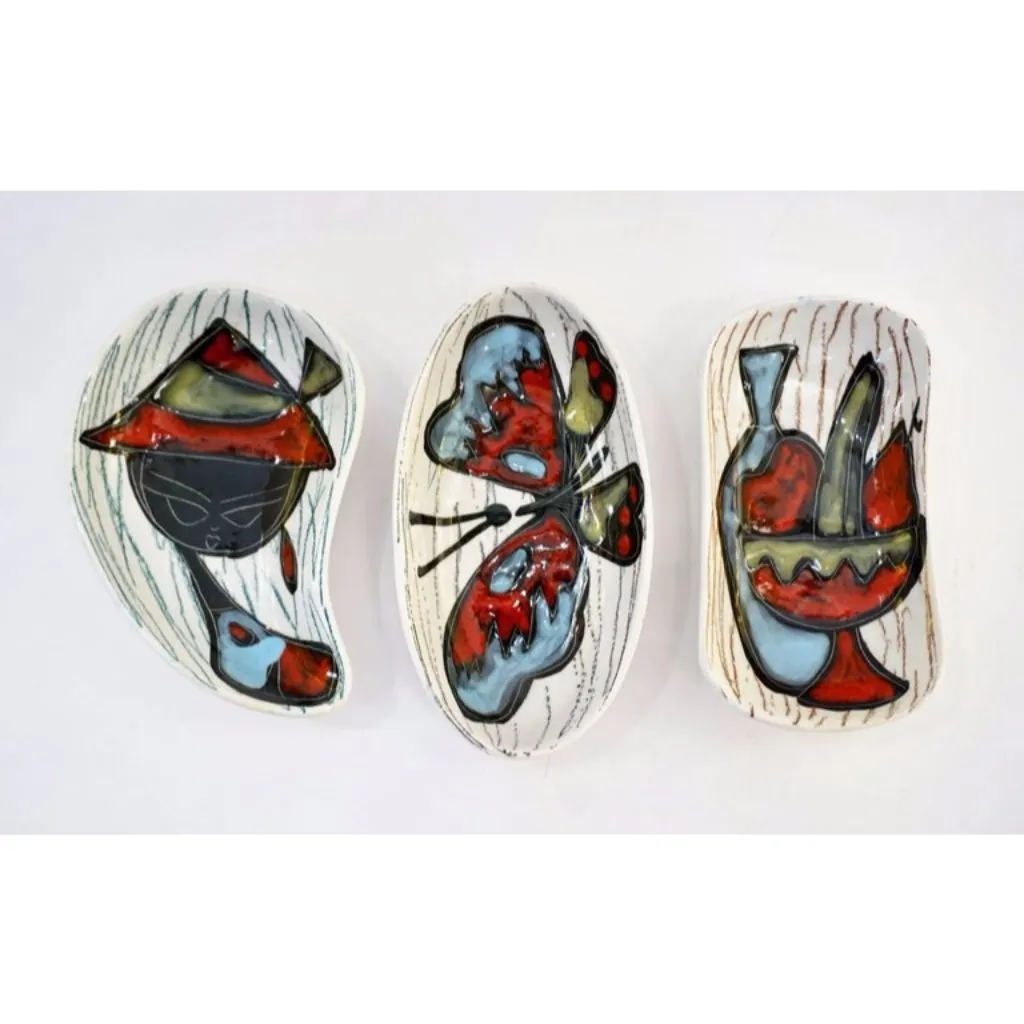 1950s Italian Vintage Red Light Blue Black White Porcelain Trinket Dishes/Trays