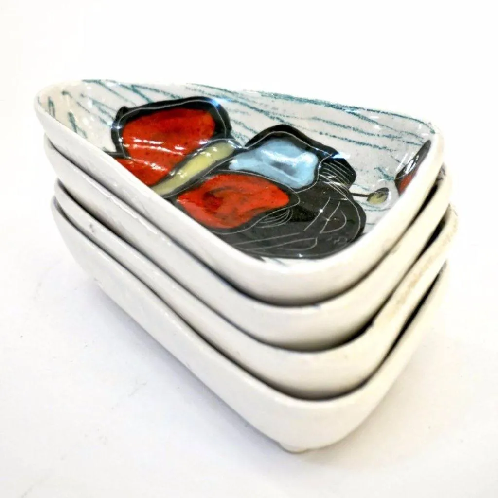 1950s Italian Vintage Red Light Blue Black White Porcelain Trinket Dishes/Trays