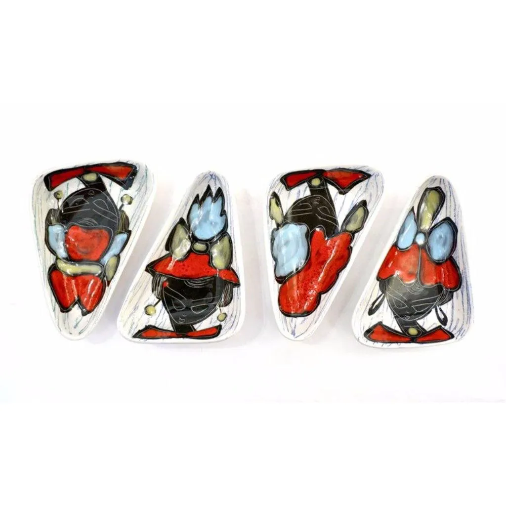 1950s Italian Vintage Red Light Blue Black White Porcelain Trinket Dishes/Trays