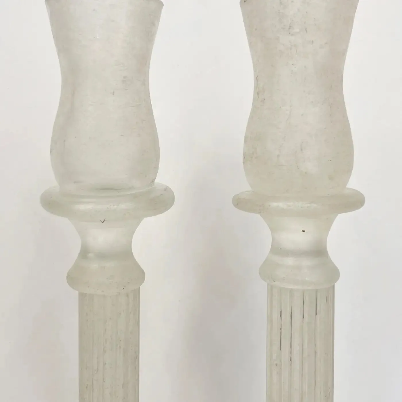 1950s Mid-Century Modern Italian White Grey Scavo Murano Glass Pair Candlesticks
