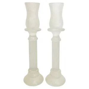 1950s Mid-Century Modern Italian White Grey Scavo Murano Glass Pair Candlesticks 