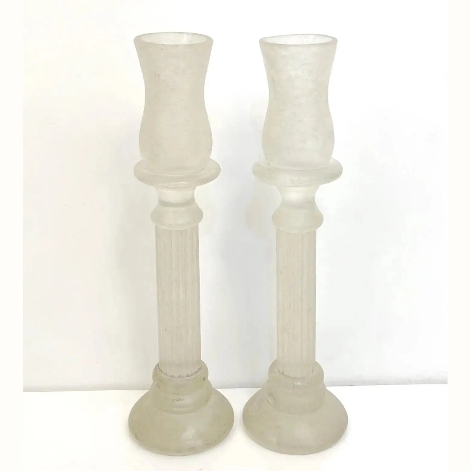 1950s Mid-Century Modern Italian White Grey Scavo Murano Glass Pair Candlesticks