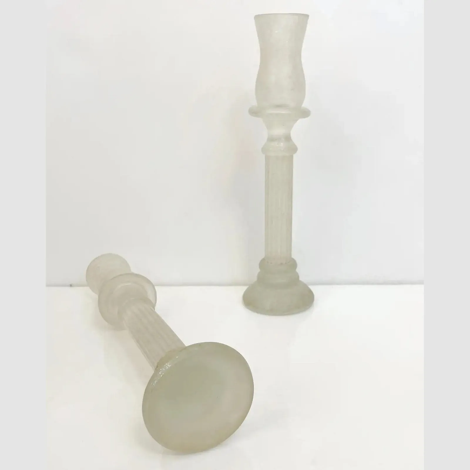 1950s Mid-Century Modern Italian White Grey Scavo Murano Glass Pair Candlesticks