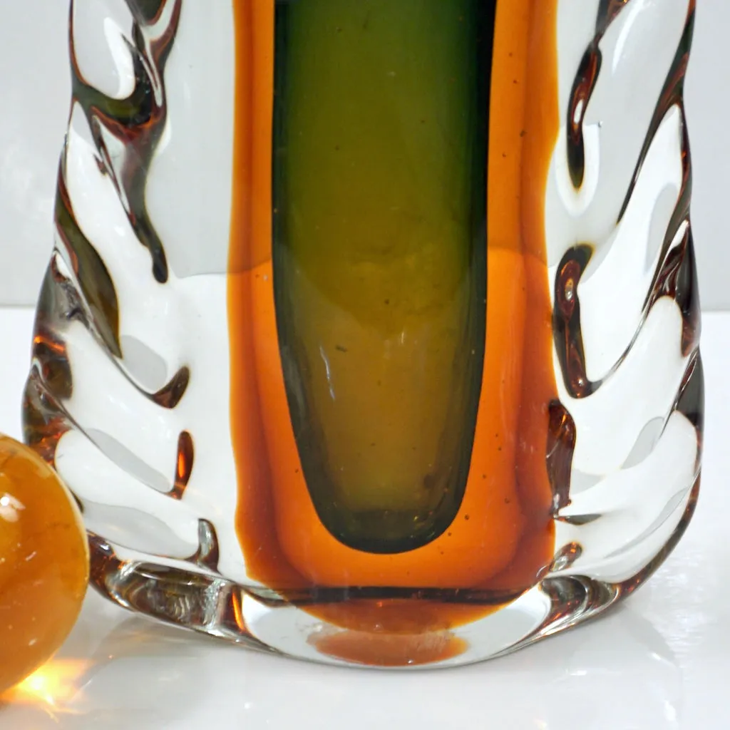 1950s Venini Vintage Italian Crystal Green Orange Layered Murano Glass Bottle