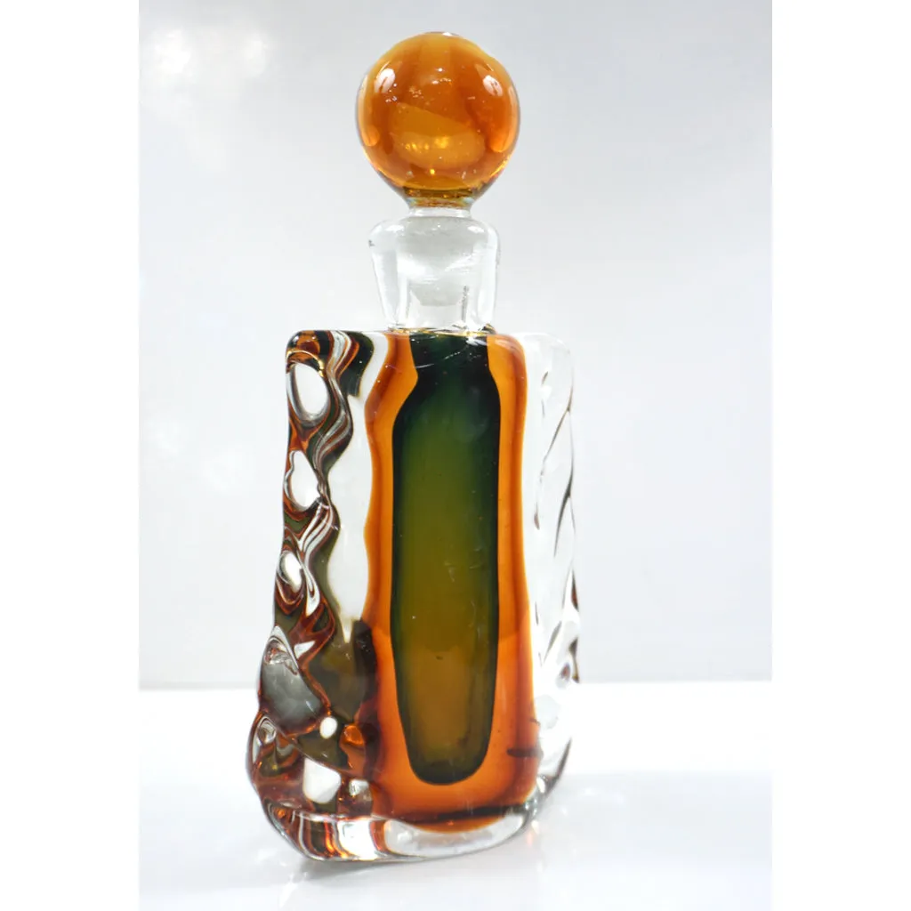 1950s Venini Vintage Italian Crystal Green Orange Layered Murano Glass Bottle