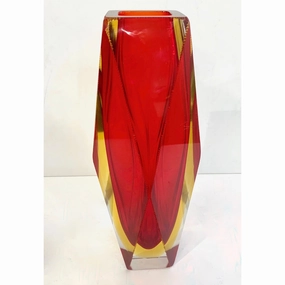 1950s Italian Vintage Seguso Yellow Red Crystal Murano Glass Multi Faceted Vase 