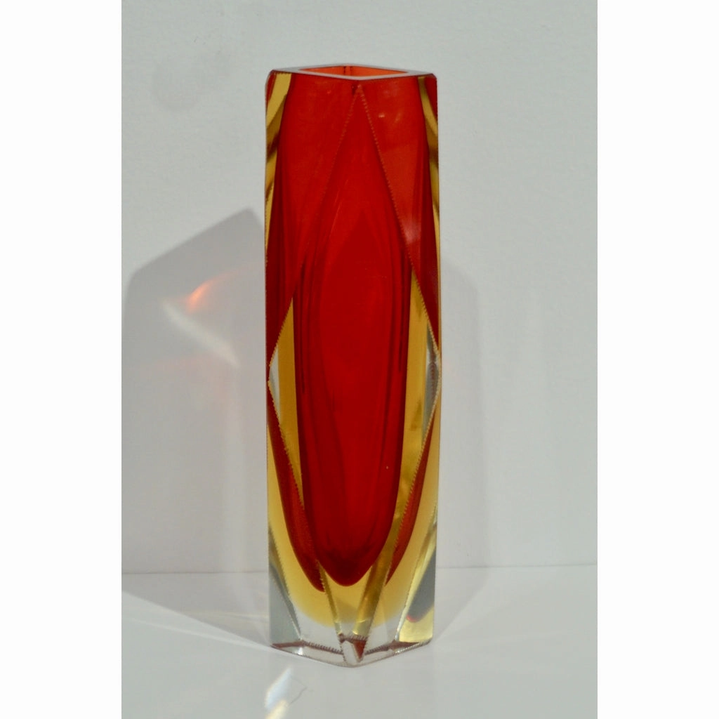 1950s Italian Vintage Seguso Yellow Red Crystal Murano Glass Multi Faceted Vase