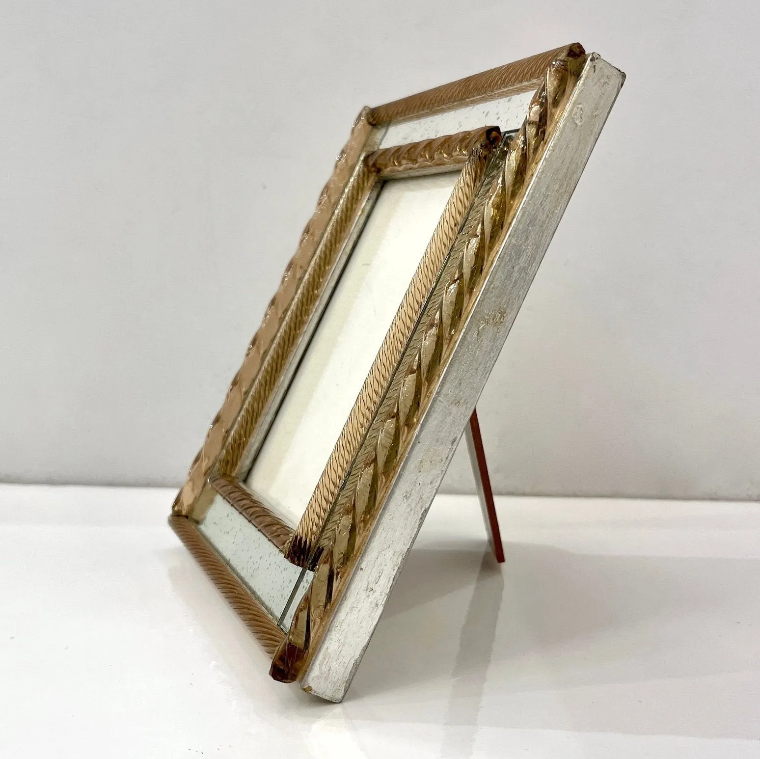 1960 Italian Vintage MIrror & Amber Twisted Murano Glass Silvered Photo Frame