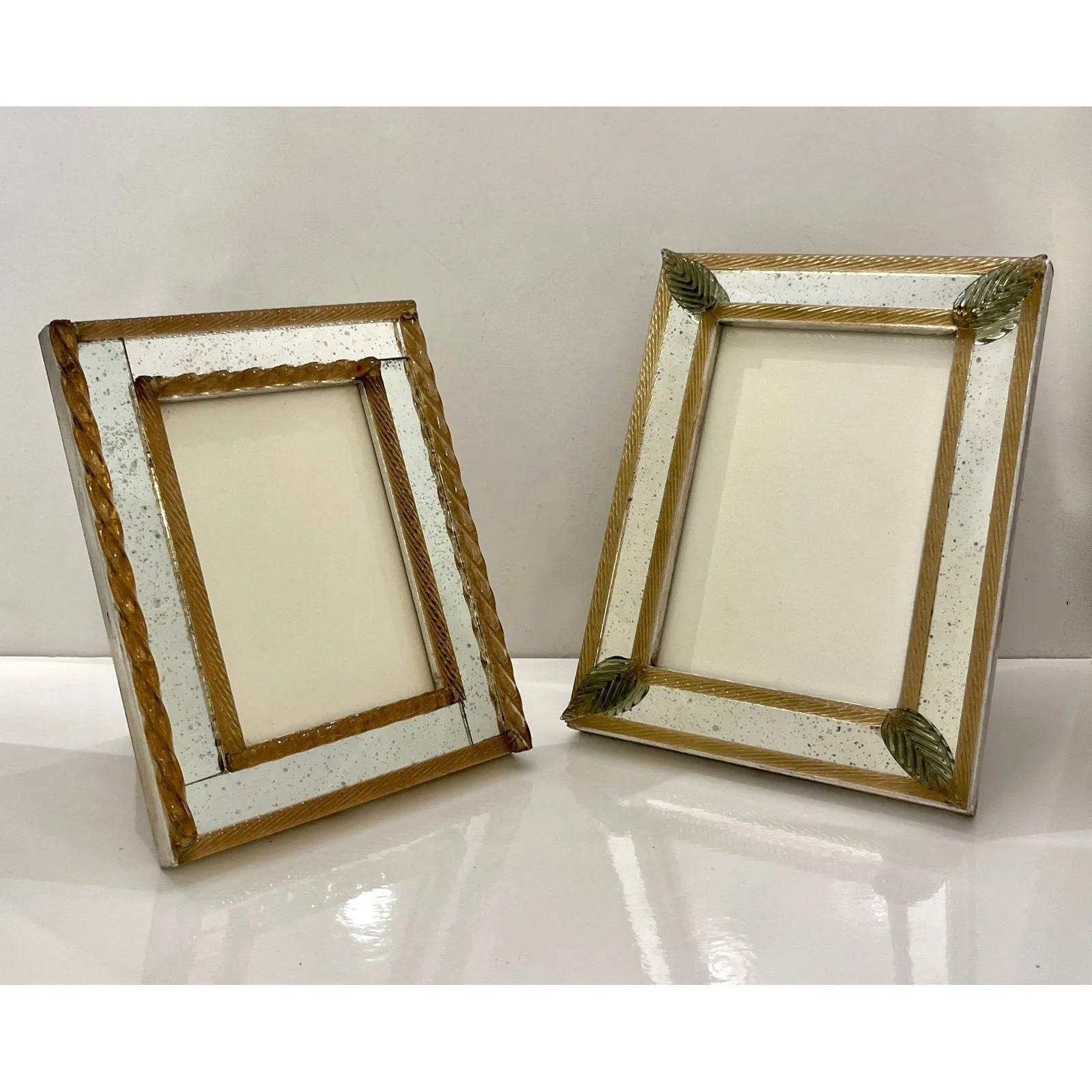 1960 Italian Vintage MIrror & Amber Twisted Murano Glass Silvered Photo Frame