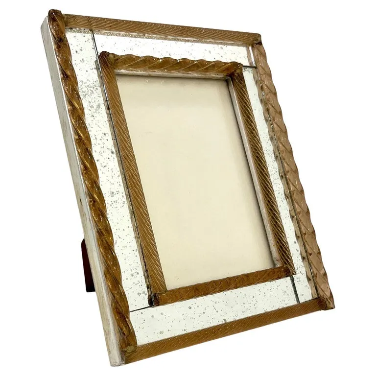 1960 Italian Vintage MIrror & Amber Twisted Murano Glass Silvered Photo Frame 