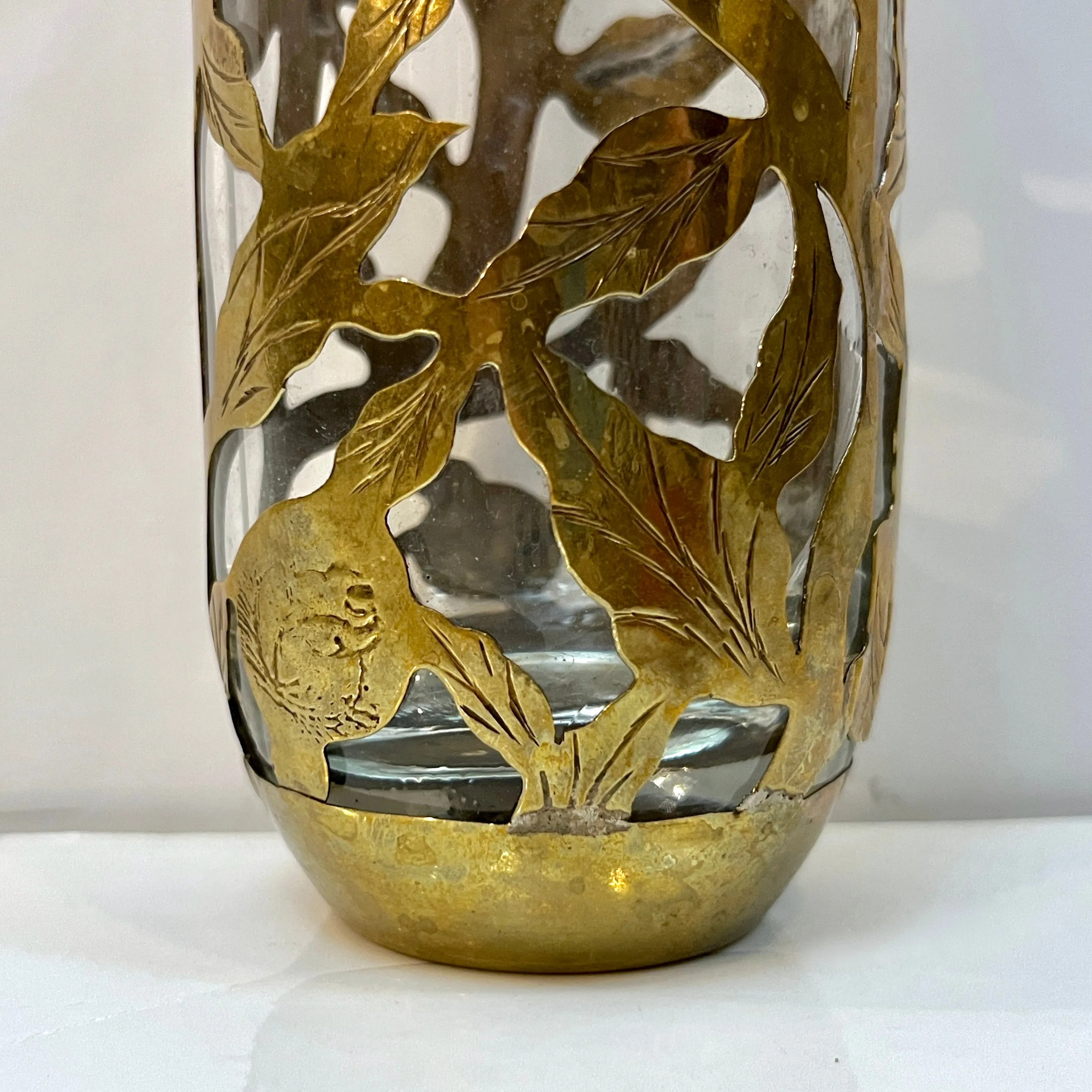 1960 Mexican Set 4 Drinking Glasses Encased in Etched Cutwork Floral Brass Decor