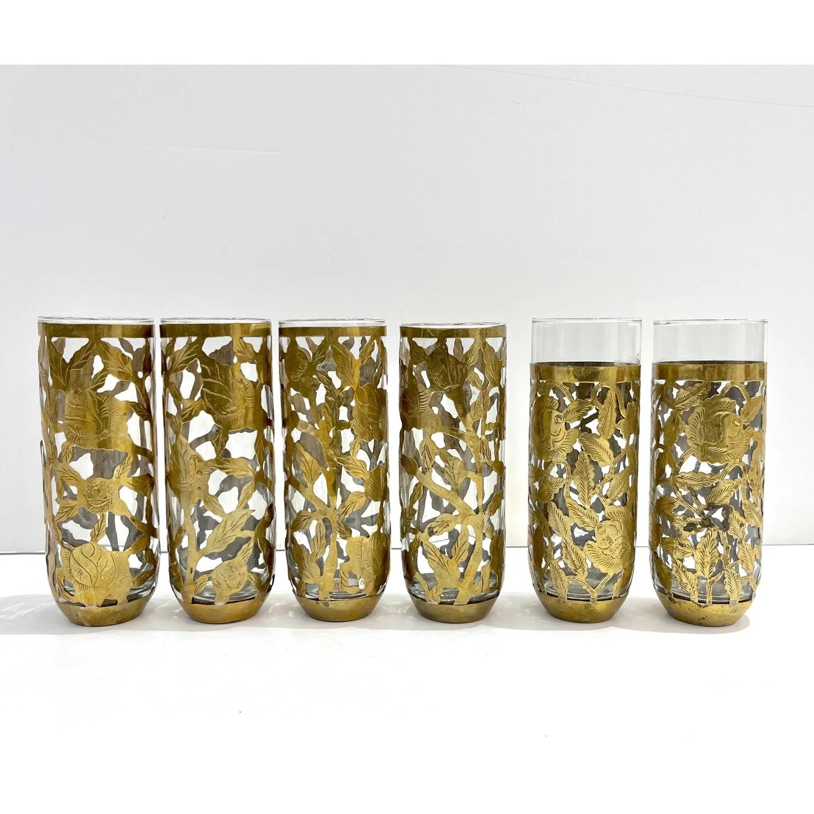 1960 Mexican Set 4 Drinking Glasses Encased in Etched Cutwork Floral Brass Decor