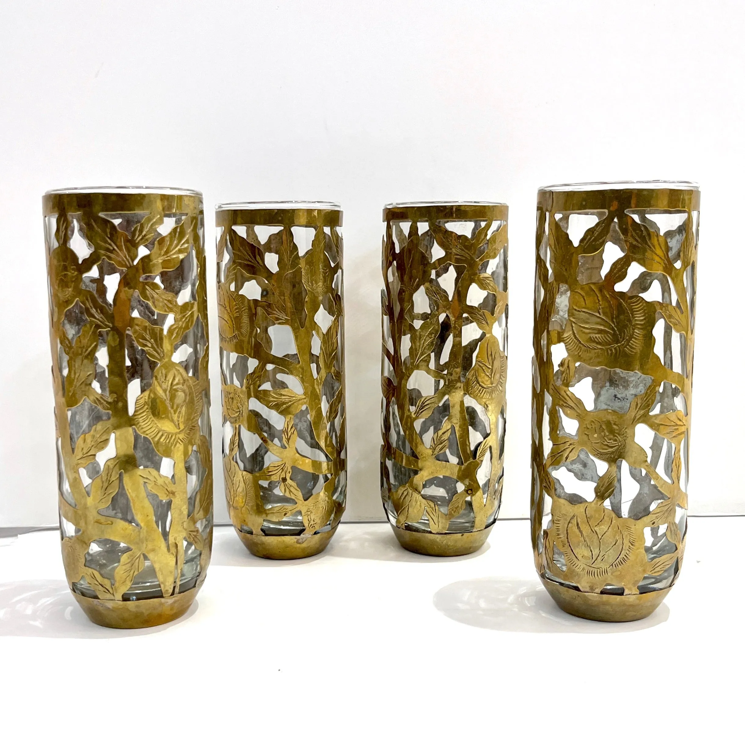 1960 Mexican Set 4 Drinking Glasses Encased in Etched Cutwork Floral Brass Decor