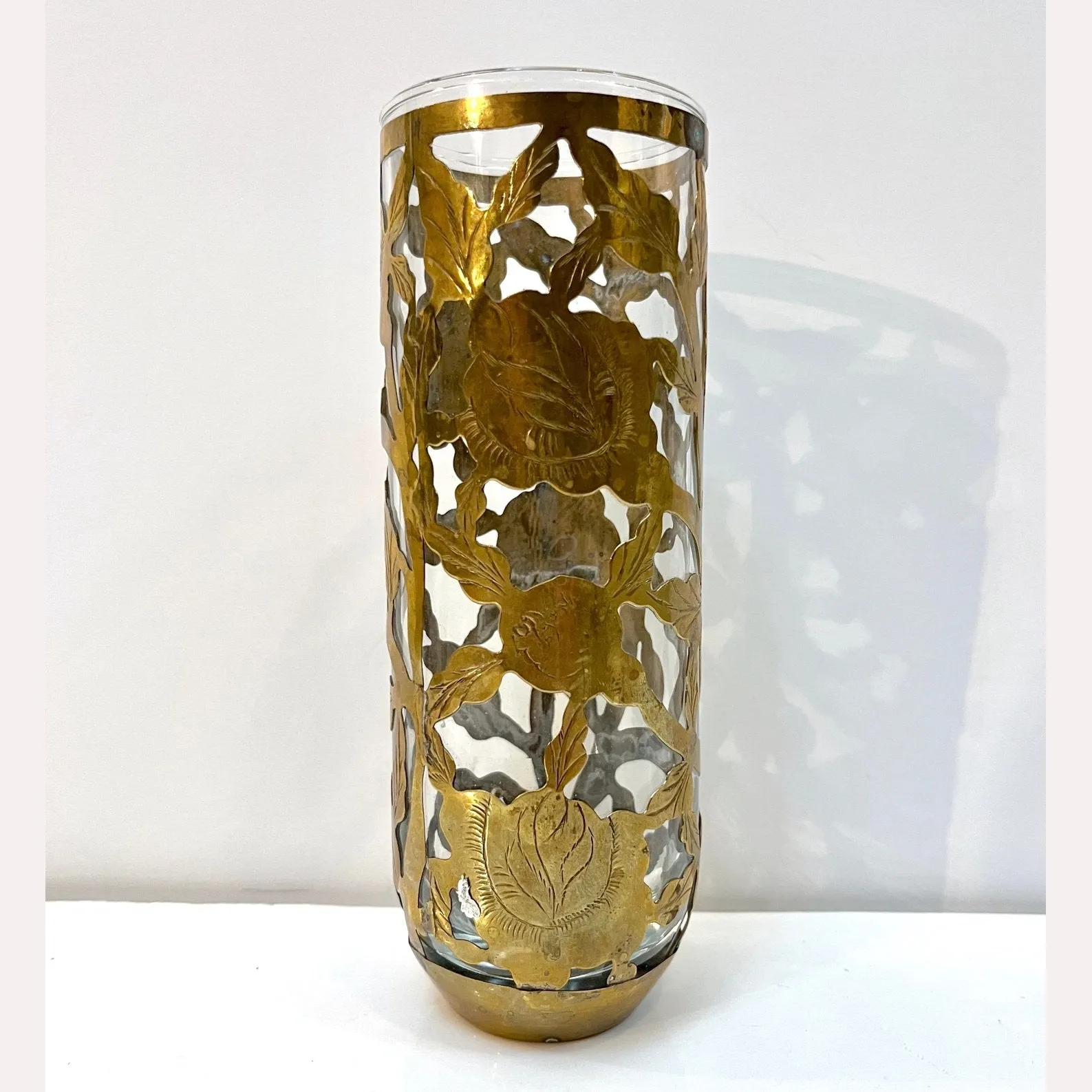 1960 Mexican Set 4 Drinking Glasses Encased in Etched Cutwork Floral Brass Decor